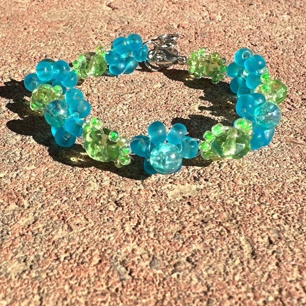Blue and Green Floral Bracelet with Silver Colored Accents